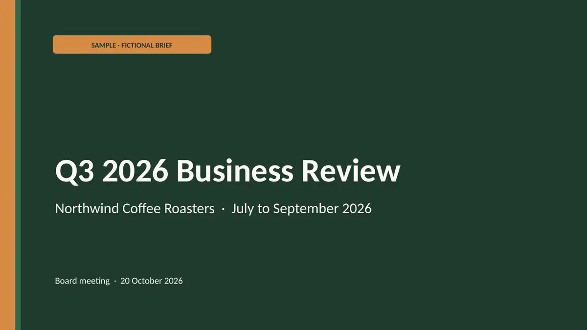 Northwind Coffee Roasters Q3 2026 (fictional): title slide (sample)