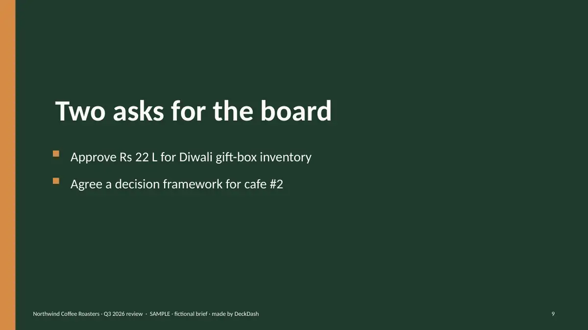 Northwind Coffee Roasters Q3 2026 (fictional), slide 9 (sample)