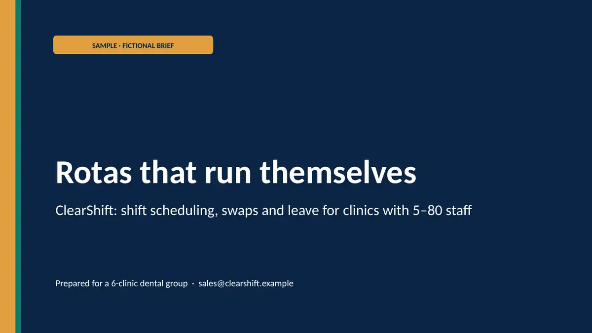 ClearShift — clinic shift scheduling (fictional): title slide (sample)
