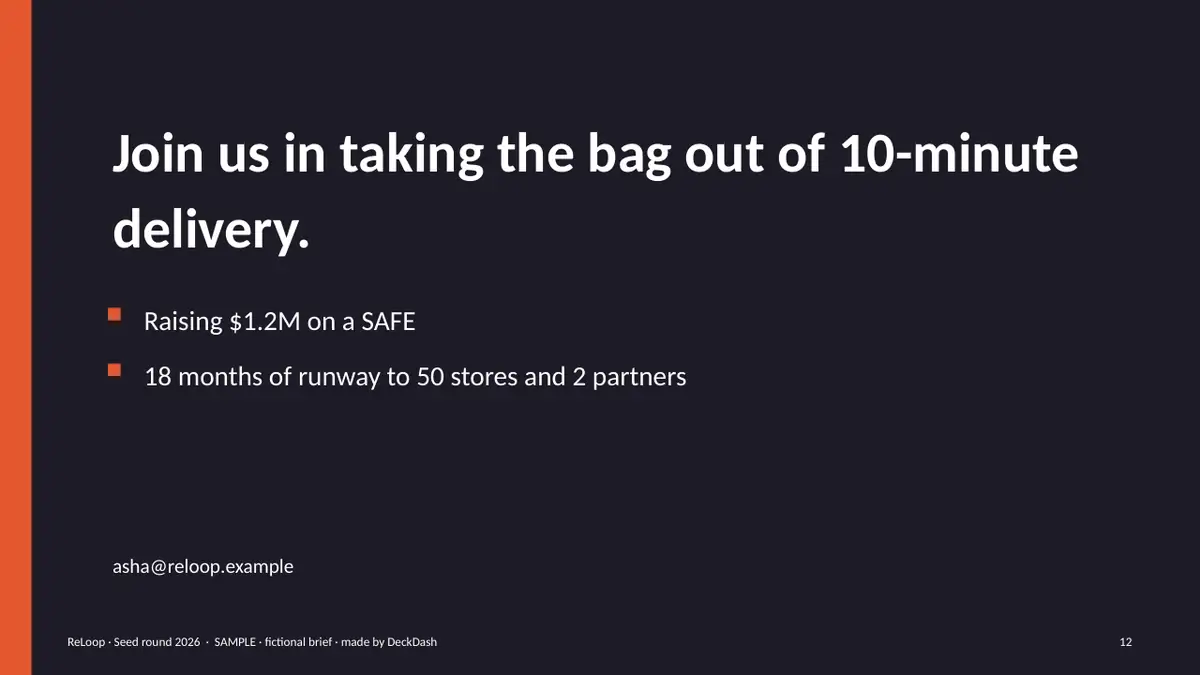 ReLoop — returnable packaging for quick commerce (fictional), slide 12 (sample)